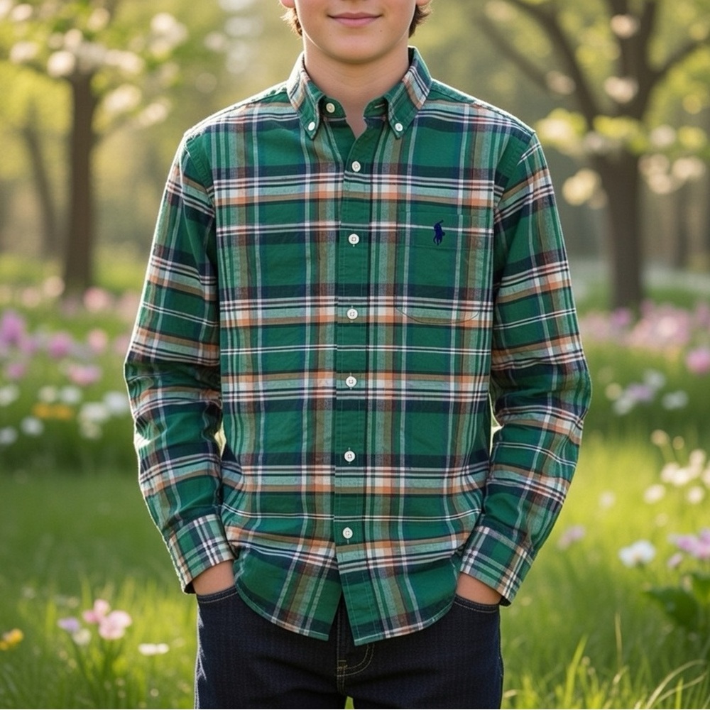 Ralph Lauren Green Navy Plaid Youth Boy Dress Shirt Sz XL 18-20 Logo Embroidered